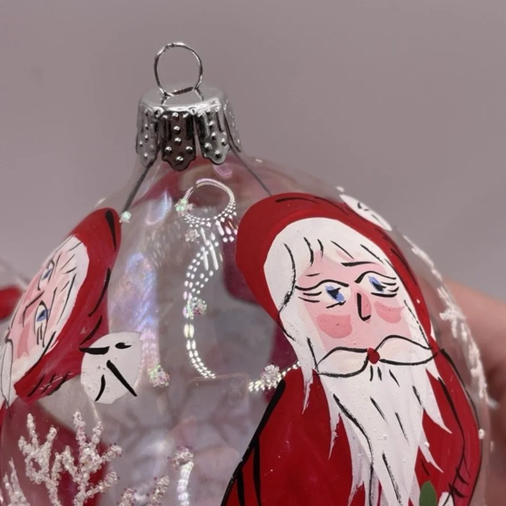 Vintage Hand Painted Santa Blown Glass Teardrop Christmas Ornaments Set of‎ 2